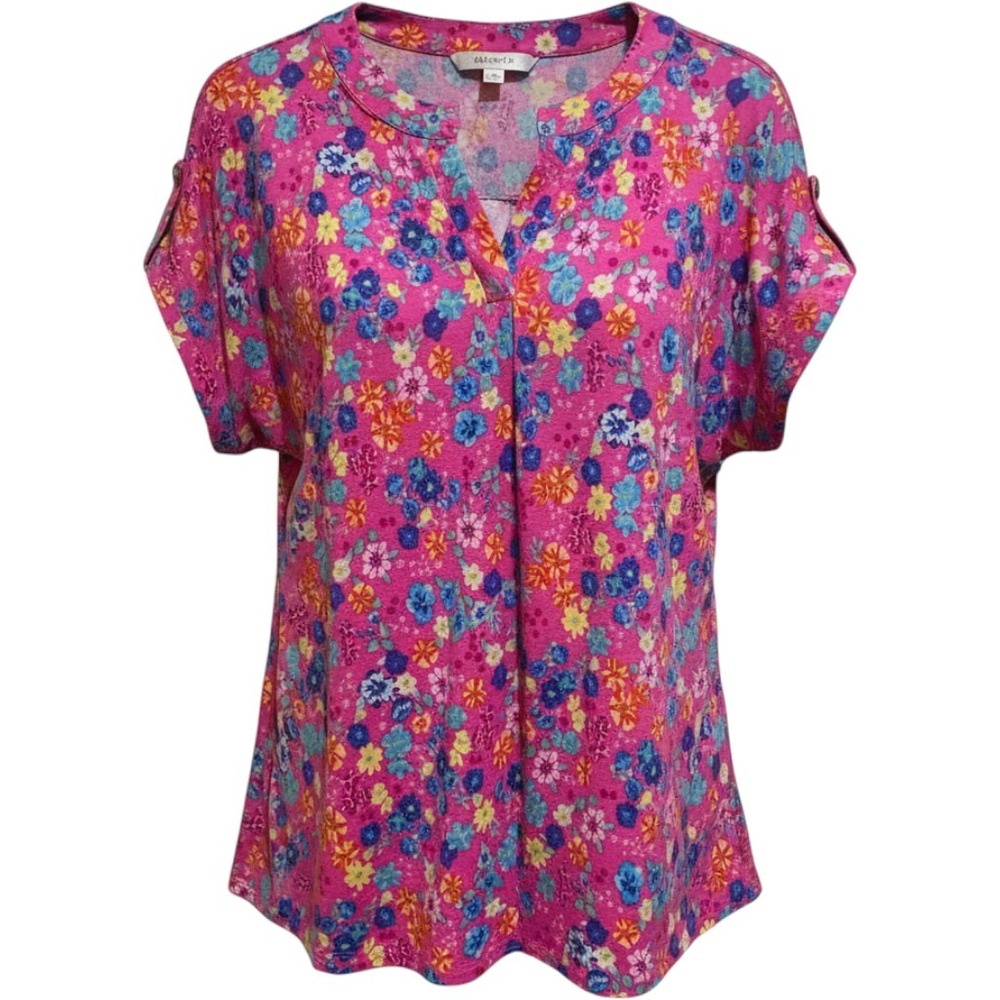 Pink Womens Dear Scarlett Floral Split Neck Short Sleeve Top XL